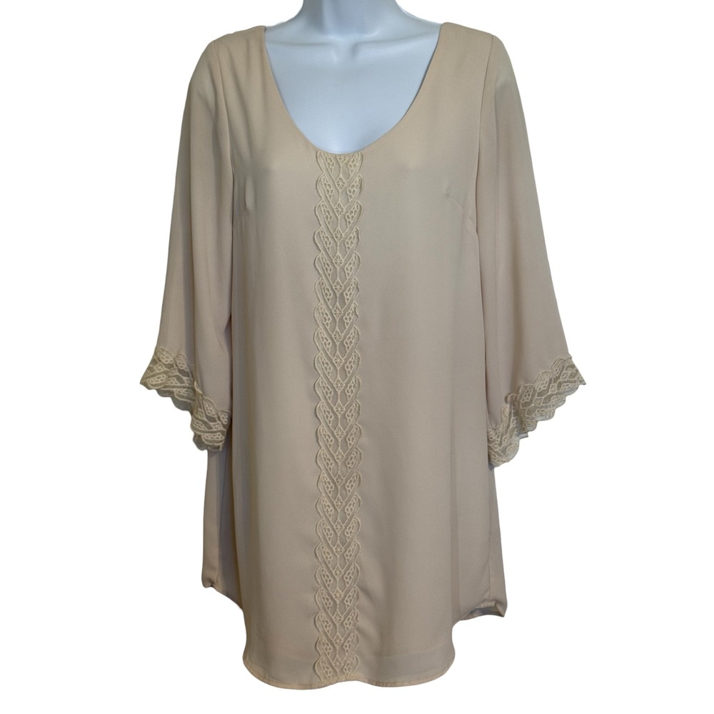 ASTR the Label Blush Cream Crochet Lace Inset Bell Sleeve Shift Dress NWOT S - Picture 2 of 6